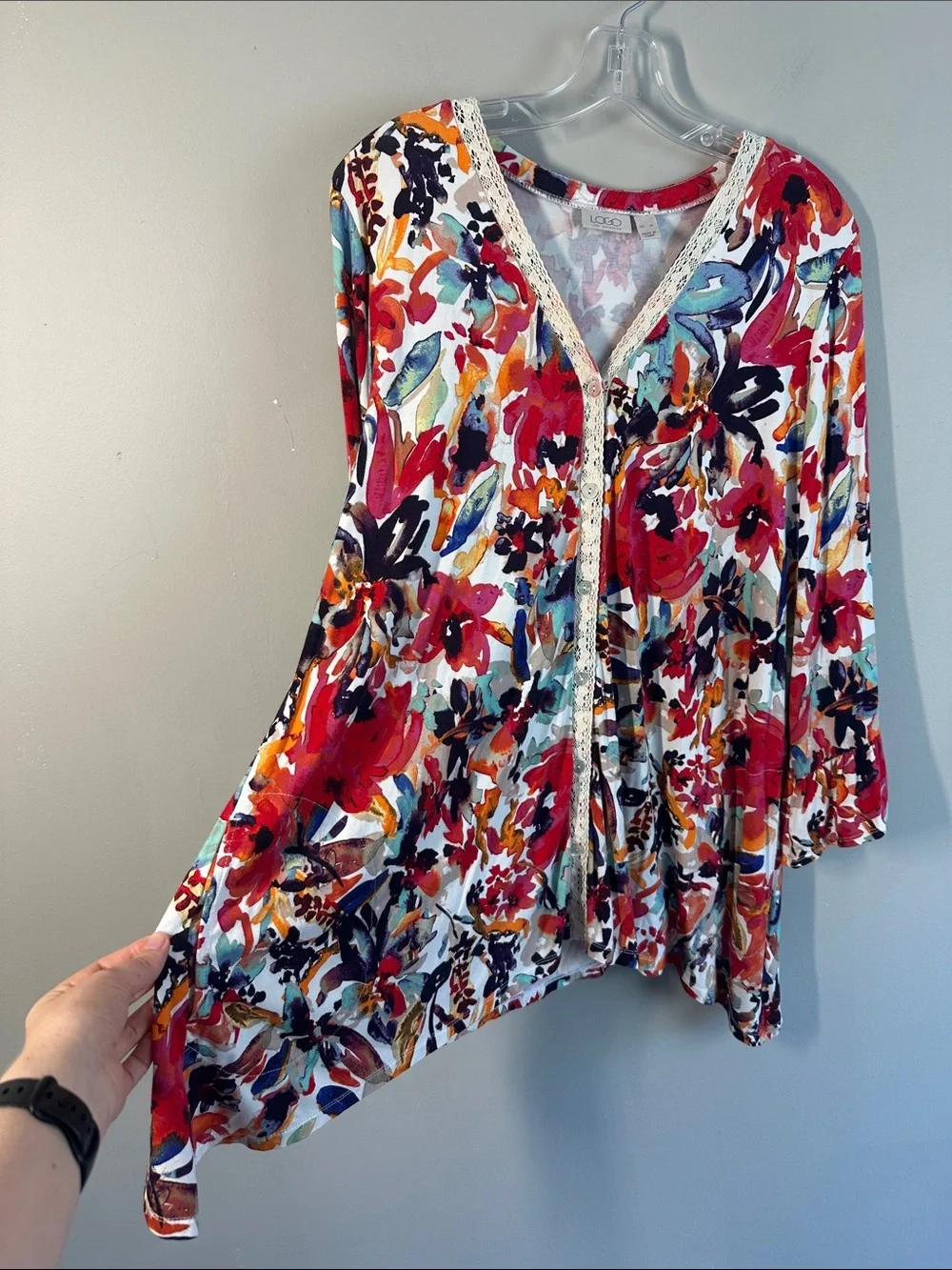 Logo by Lori Goldstein Floral Printed Cardigan Ruffles Lace Size XL